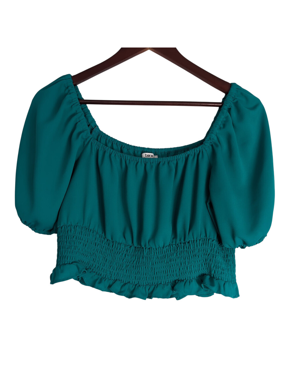 Bar III crop top in teal green color w/ smocked bodice and puff sleeves Size M